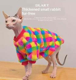 Hairless Cat Winter Clothes Rainbow Plaid Thickened Rabbit Fur Warm Hoodie Sphinx Devon Rex Cat Apparel