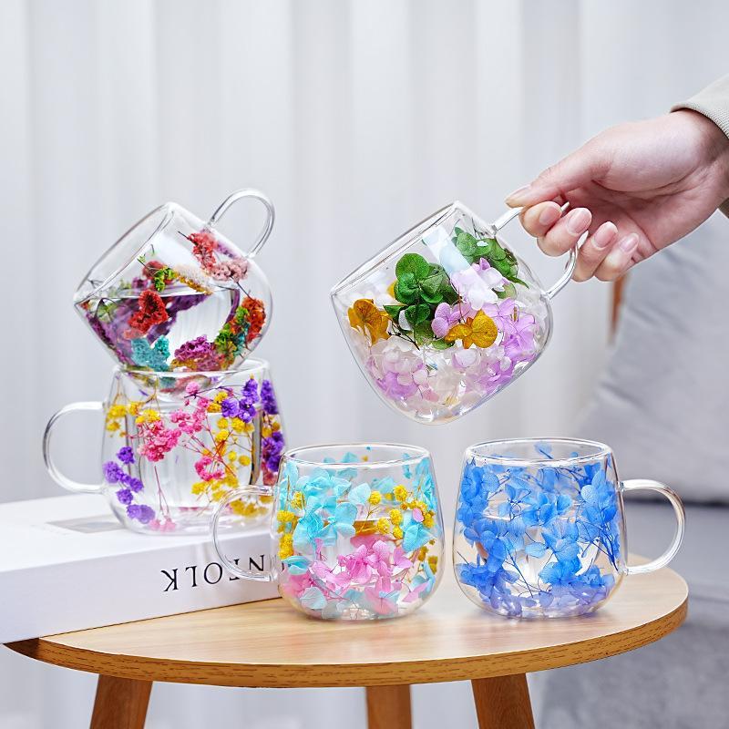 High-borosilicate Glass Tea Cup Internet-famous Double Layer Design With Real Flowers Inside