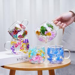 High-borosilicate Glass Tea Cup Internet-famous Double Layer Design With Real Flowers Inside