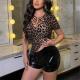 American-style Designer Leopard-print Hollow-out Cross V-neck Short Sleeves
