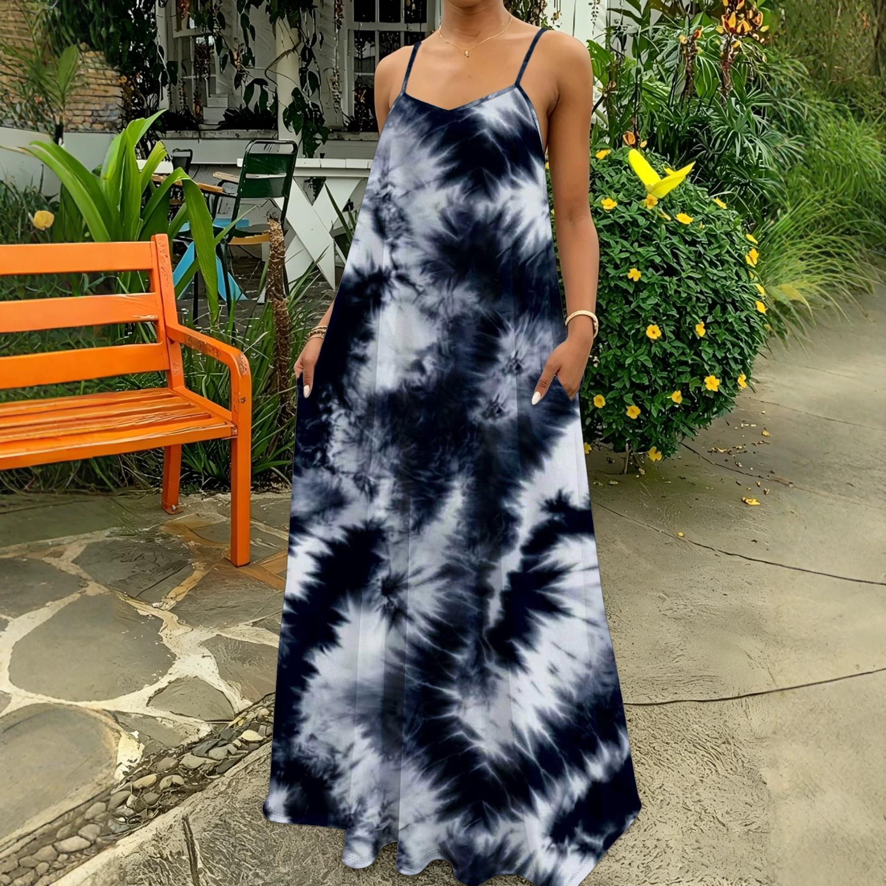 Tie-dye Strap Long Sleeveless Dress