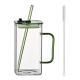 1 Pcs Green Glass Straw Cup, 4 Colors Square Glass Cup With Straw And Lid, High Borosilicate Glass Cup, Milk Cup, Juice Cup, Cold Drink Cup, Coffee Cup, Tea Cup, Office Cup, Gift Cup