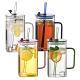 1 Pcs Green Glass Straw Cup, 4 Colors Square Glass Cup With Straw And Lid, High Borosilicate Glass Cup, Milk Cup, Juice Cup, Cold Drink Cup, Coffee Cup, Tea Cup, Office Cup, Gift Cup