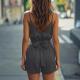 Gray Deep V-Neck Strap Jumpsuit With Shorts