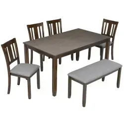 6 Piece Kitchen Dining Set, Rectangular Wooden Dining Table With 4 Upholstered Chairs And A Bench, Dining Table Set For 6 People, Living Room, Home Bar And Kitchen, Walnut