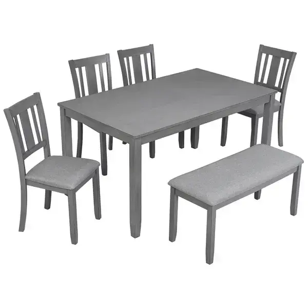 6 Piece Kitchen Dining Set, Rectangular Wooden Dining Table With 4 Upholstered Chairs And A Bench, Dining Table Set For 6 People, Living Room, Home Bar And Kitchen, Gray