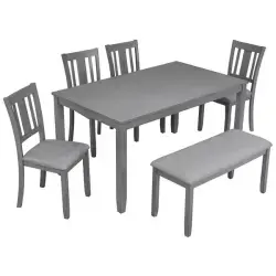 6 Piece Kitchen Dining Set, Rectangular Wooden Dining Table With 4 Upholstered Chairs And A Bench, Dining Table Set For 6 People, Living Room, Home Bar And Kitchen, Gray