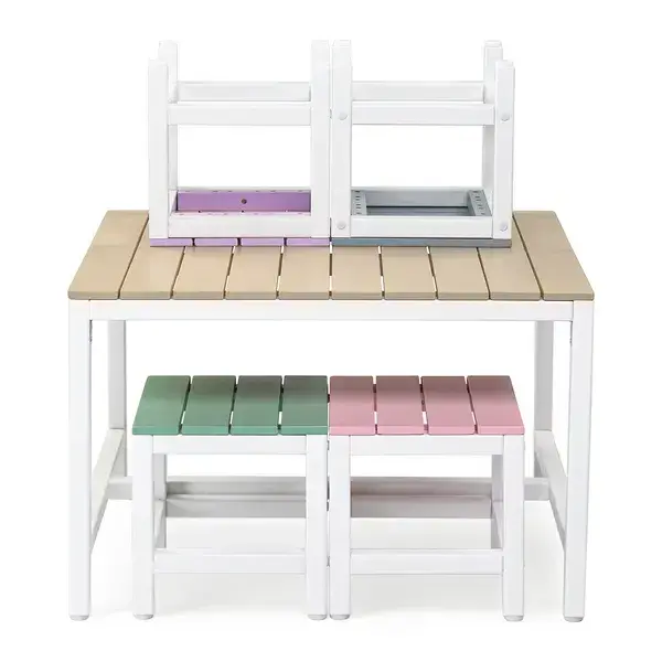 5-piece Childrens Patio Table And Chair Set - 1 Table & 4 Stools, 29.5 Inches, Khaki, Pink, Purple, Blue, And Green Color Blocking, Made Of Poplar Wood