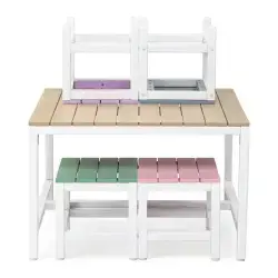 5-piece Childrens Patio Table And Chair Set - 1 Table & 4 Stools, 29.5 Inches, Khaki, Pink, Purple, Blue, And Green Color Blocking, Made Of Poplar Wood