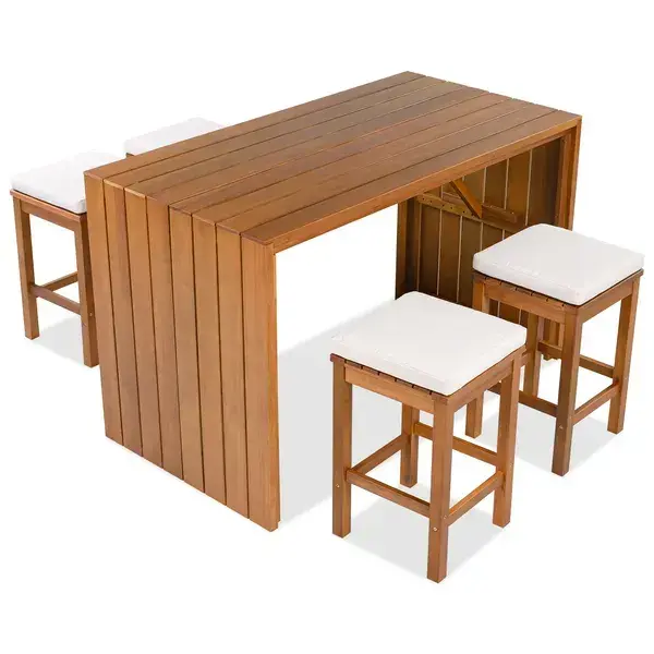 5 Piece Outdoor Bar Set, Patio Acacia Wood Bar Height Table & Four Stools With Cushions, Wood Dining Bar Set For Backyard, Poolside, Balcony, Beige Cushion And Natural Wood
