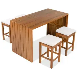 5 Piece Outdoor Bar Set, Patio Acacia Wood Bar Height Table & Four Stools With Cushions, Wood Dining Bar Set For Backyard, Poolside, Balcony, Beige Cushion And Natural Wood