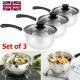 Set Of 3 Induction Non Stick Stainless Steel Cookware Kitchen Glass Lids Pot Pan
