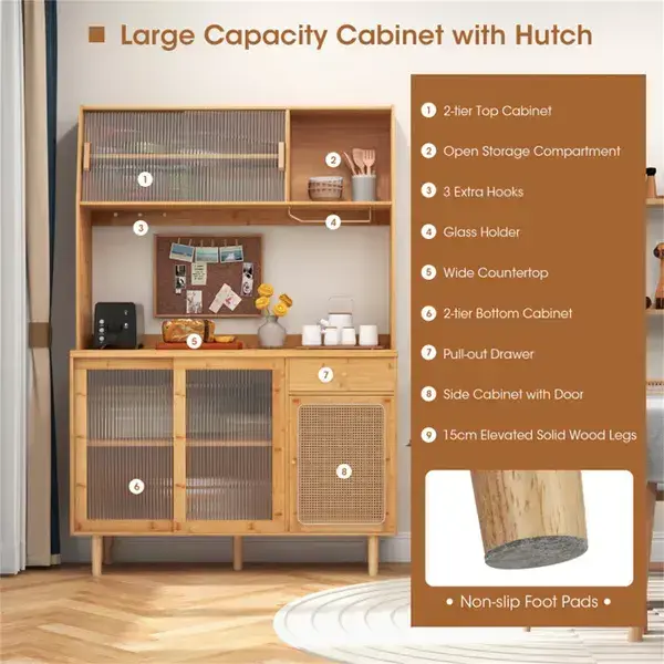69-Inch Bamboo Kitchen Cabinet With Tempered Glass Doors, Extra Storage Space & Anti-Tilting Design