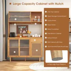 69-Inch Bamboo Kitchen Cabinet With Tempered Glass Doors, Extra Storage Space & Anti-Tilting Design