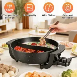 6L Large Capacity Electric Hot Pot With Divider, 5 Gear Adjustable Temperature Non-Stick Electric Cooker, Multifunctional Fondue Pot For 3-6 People With Cooking Tools