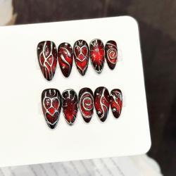 Red-brown Muted-vein 3D Nail Art Cool And Edgy Heart-patterned Trend Piece Handmade And Wearable