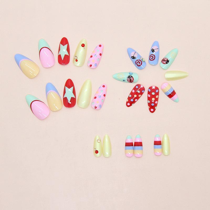 24-piece Almond-shaped Dopamine Ladybug French Polka-dot Nail Tipscute Sweet And Sparkling With Diamonds