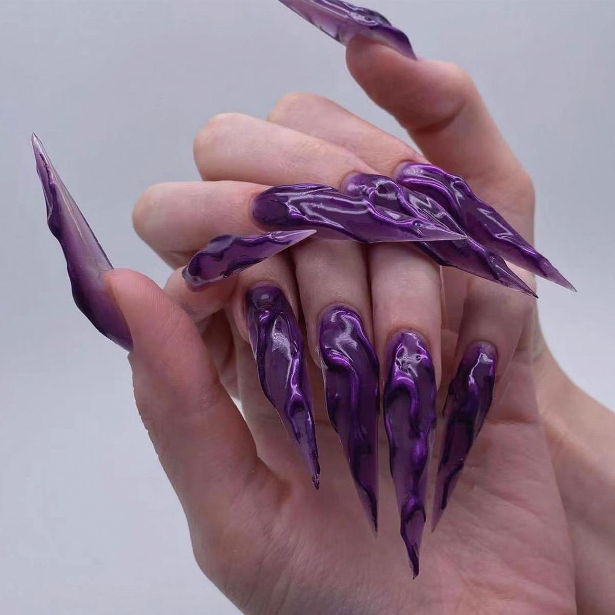 24 PCS Devils Claws Press On Nails,3D Curve Line Acrylic False Nails, Long Stiletto Glossy Purple Glitter, Gel Glue On Nails Manicure Sparkly Stick Ons