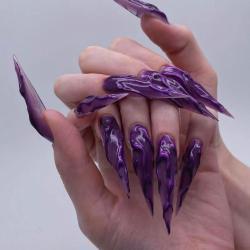 24 PCS Devils Claws Press On Nails,3D Curve Line Acrylic False Nails, Long Stiletto Glossy Purple Glitter, Gel Glue On Nails Manicure Sparkly Stick Ons