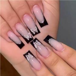 24 PCS Black P Ink Butterfly Nail Art, Long Length Long Water Pipe Fake Nails,Square Head Nail Tips False Nail