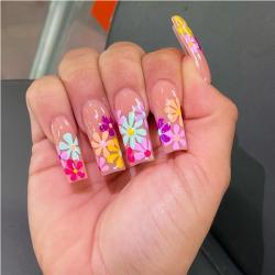 24 PCS Long Flat Flowers Nail Art, Long Length Long Water Pipe Fake Nails,Square Head Nail Tips False Nail