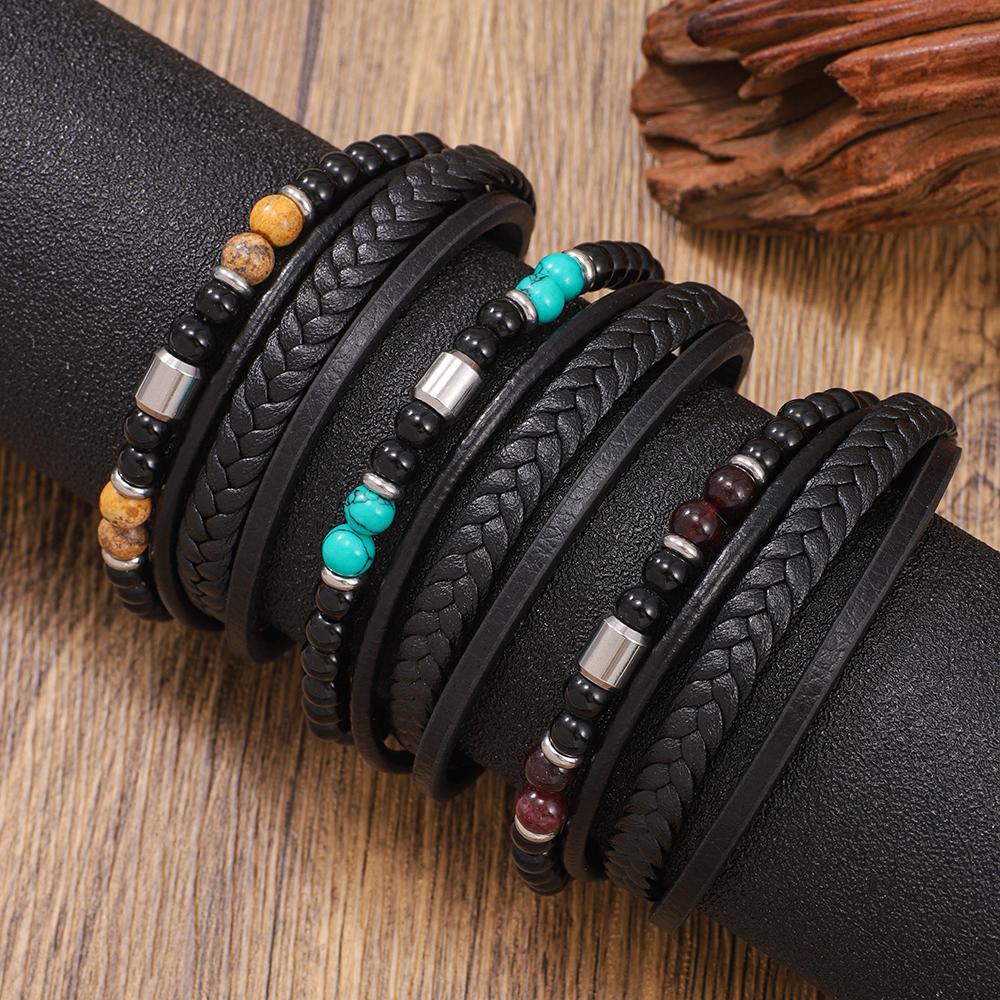 Stainless Steel Paired With Hand-woven Beaded Leather Mens Bracelet
