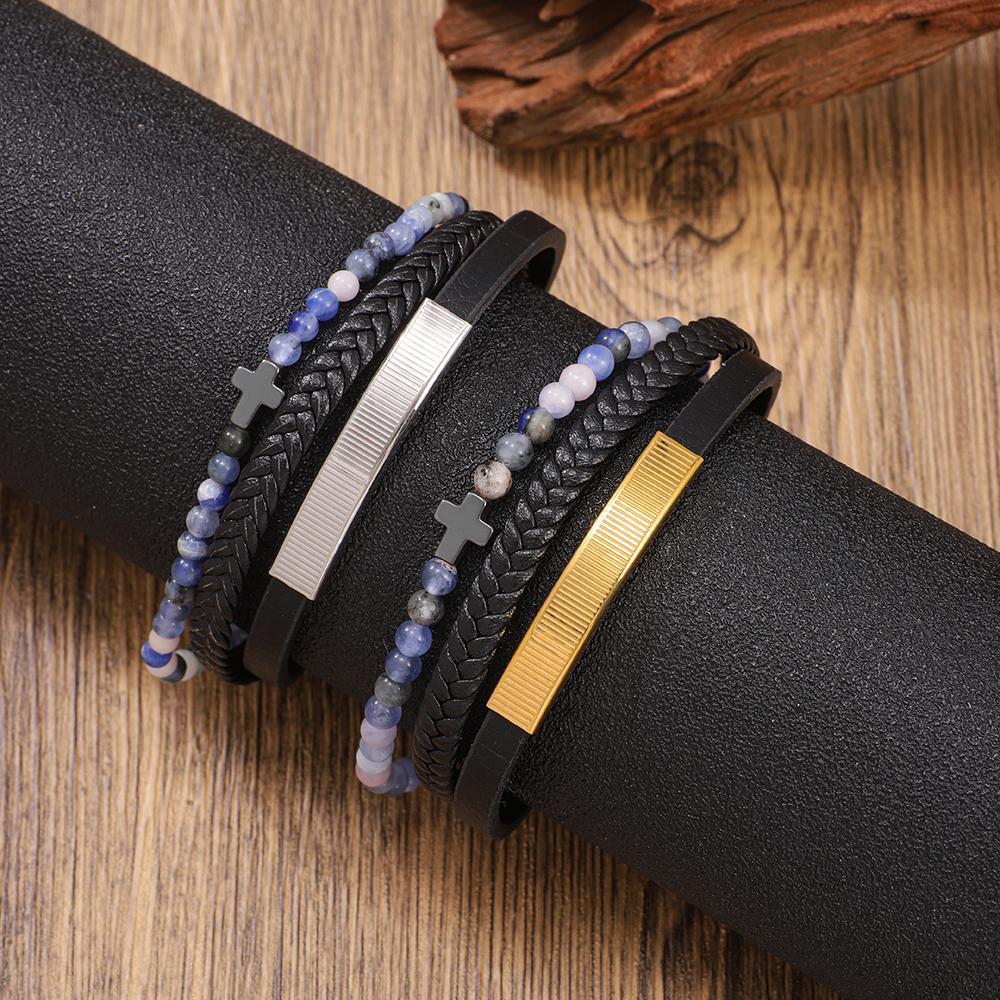 Hand-woven Mens Leather Bracelet Featuring Stainless Steel Beads Paired With A Black Onyx Cross