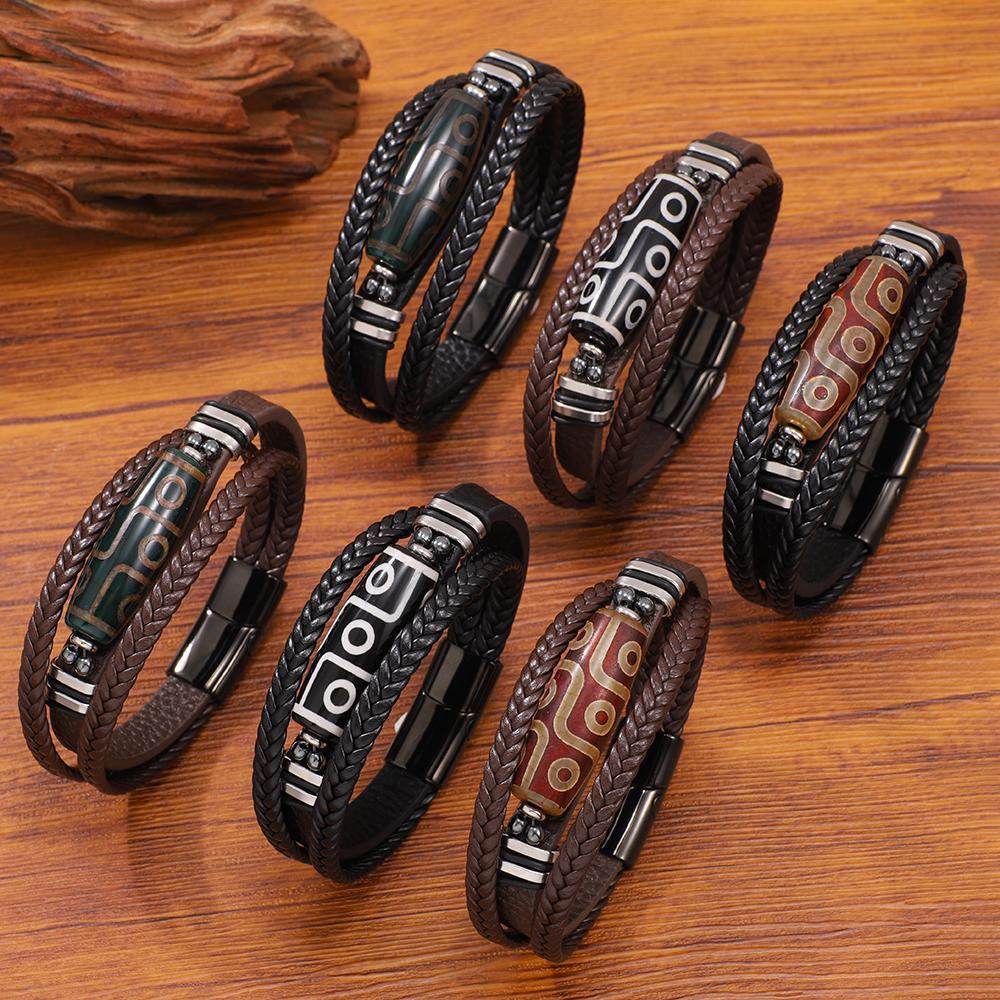 Hand-woven Mens Leather Bracelet With Stainless Steel Nine-eyed DZi Beads