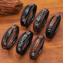 Hand-woven Mens Leather Bracelet With Stainless Steel Nine-eyed DZi Beads