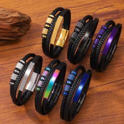 Stainless Steel Multi-colored Hand-woven Mens Leather Bracelet