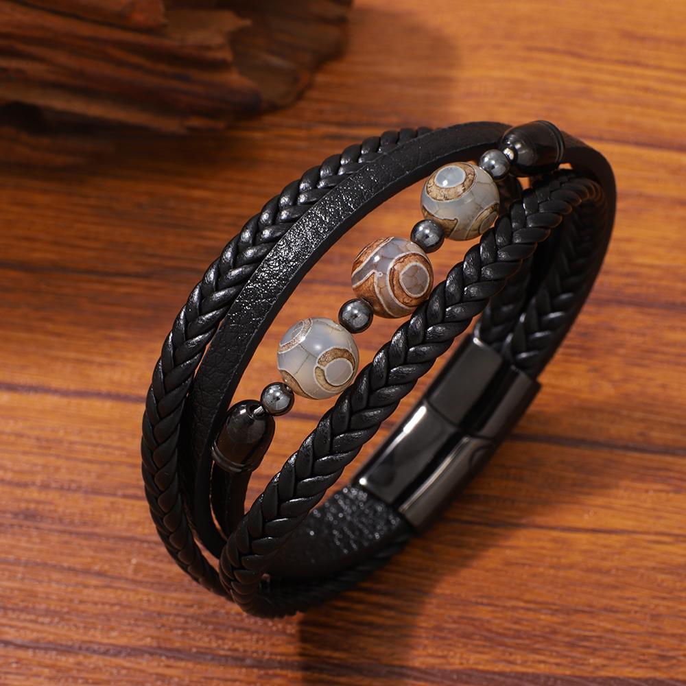 Stainless Steel Three-eyed DZi Bead Hand-woven Mens Leather Bracelet
