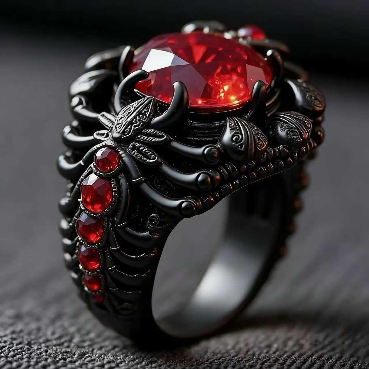 Alloy-inlaid Ruby Gun-black Ring