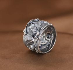 1pcs 999 Sterling Silver Vintage Peony Open Ring, Retro Elegant Style, For Daily Wear & Casual Bohemian Outfits