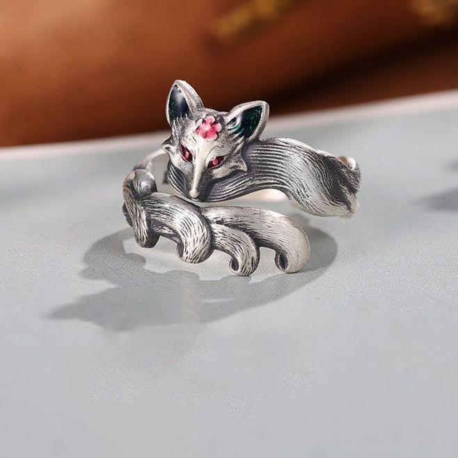 1pcs 999.9 Sterling Silver Enamel Nine-Tailed Fox Open Ring, Dainty Retro Style, For Daily Wear & Casual Street Outfits
