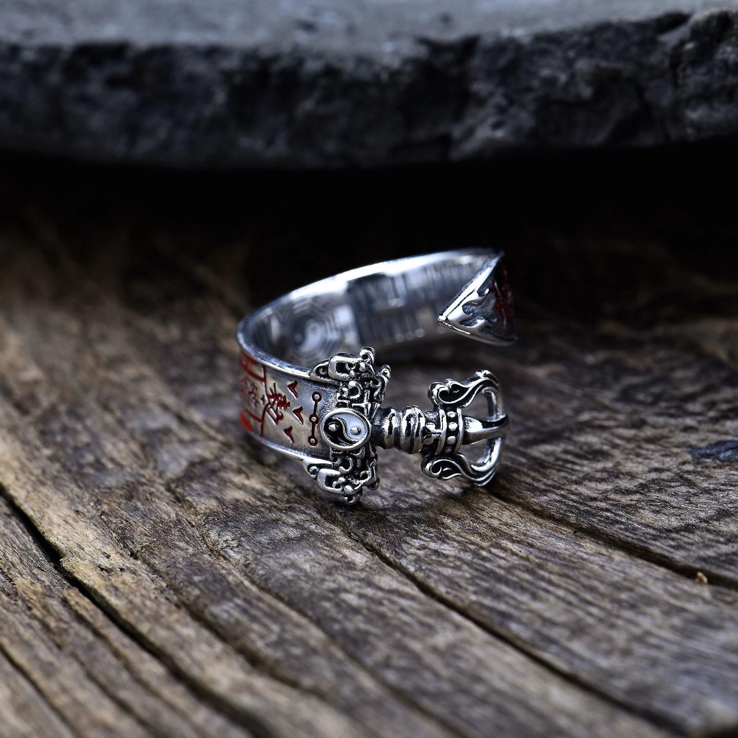 1pcs 999 Sterling Silver Taoist Vajra Open Ring, Retro Mystical Style, For Daily Wear & Casual Street Outfits