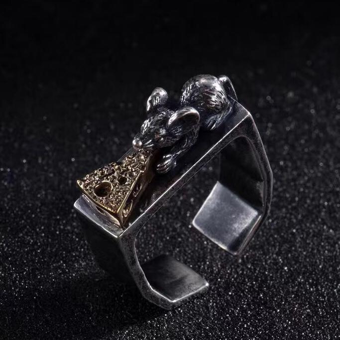 1pcs 990 Sterling Silver Retro Mouse & Cheese Open Ring, Quirky Street Style, For Daily Wear & Casual Outfits