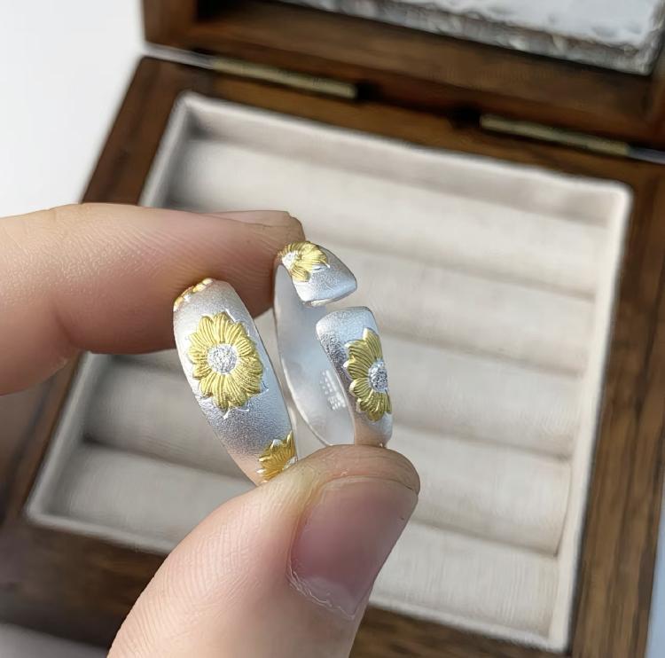 1pcs 999.9 Sterling Silver Gold-Plated Sunflower Open Ring, Minimalist Dainty Style, For Daily Wear & Casual Outfits