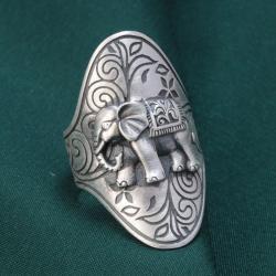 1pcs 990 Sterling Silver Wide Band Elephant Open Ring, Boho Ethnic Style, For Daily Wear & Casual Bohemian Outfits