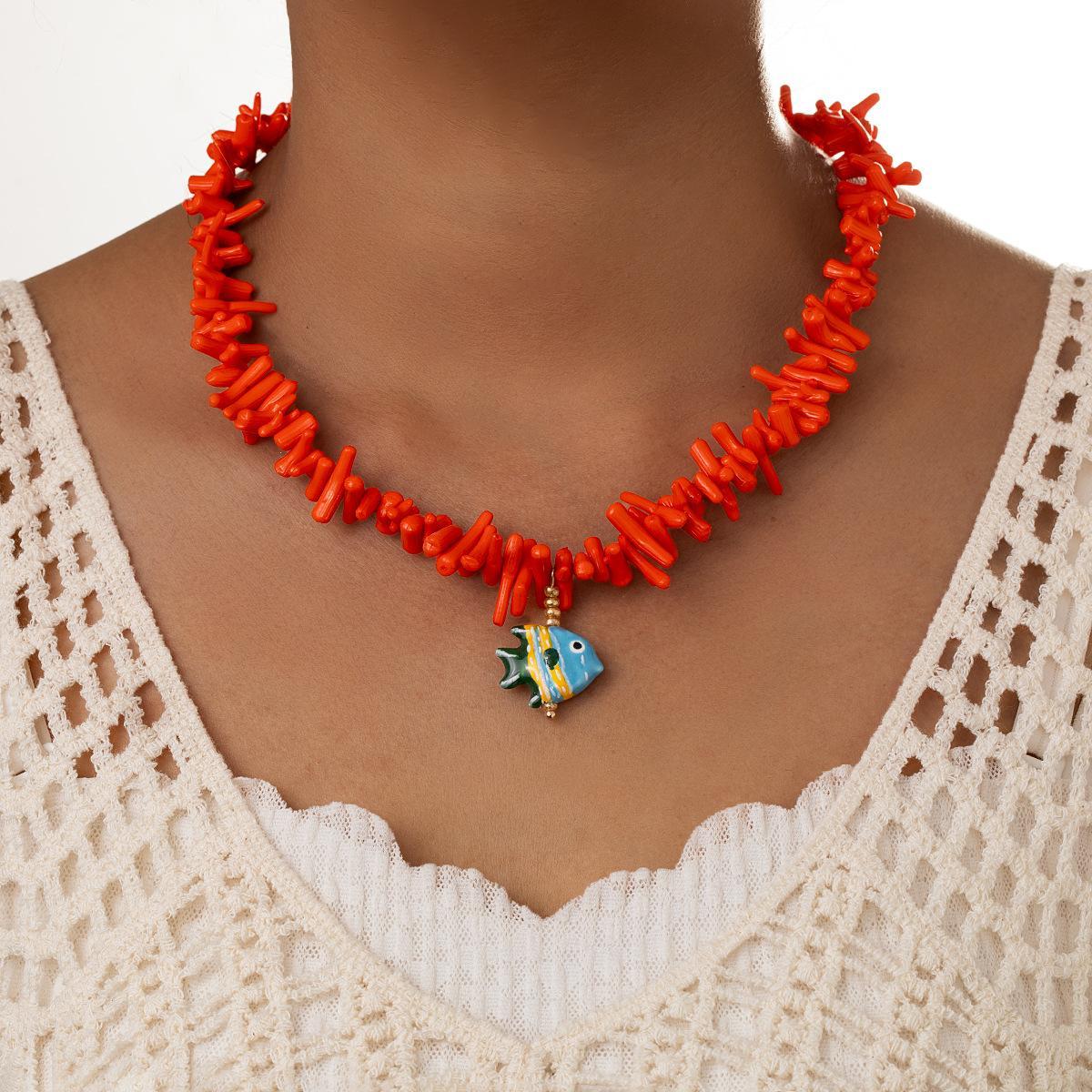 Adjustable Red Coral Bead Choker Necklace For Women