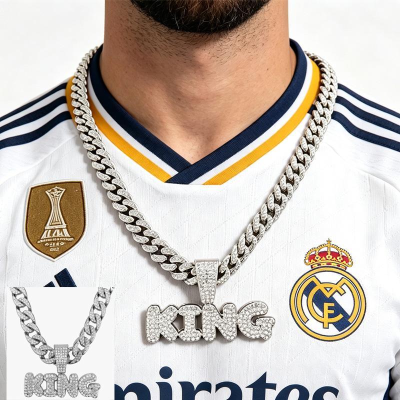 13mm Width Football Pendant Necklace,Full Diamond King Fashion Pendant Necklace, 3D Diamond Gold Zinc Alloy Stainless Steel Religious Zircon