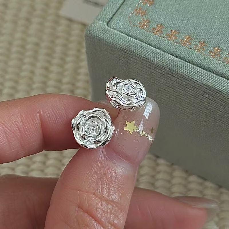 1pair 999 Sterling Silver Rose Stud Earrings, Minimalist Dainty Style, For Daily Wear & Casual Office Outfits