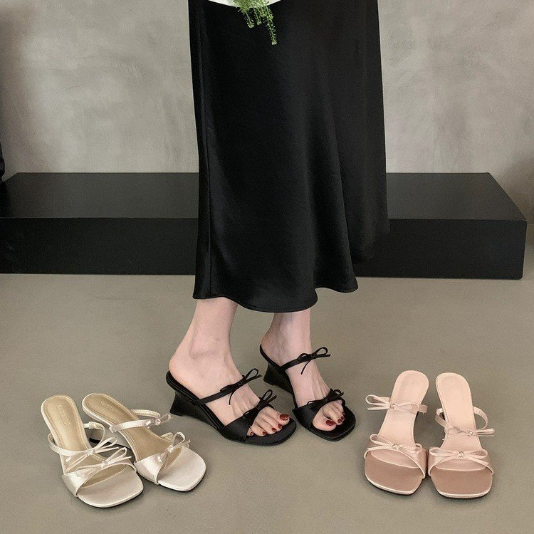 2026 Summer French Double Bow Open-toe Elegant Wedge Heel Womens Outdoor Slippers