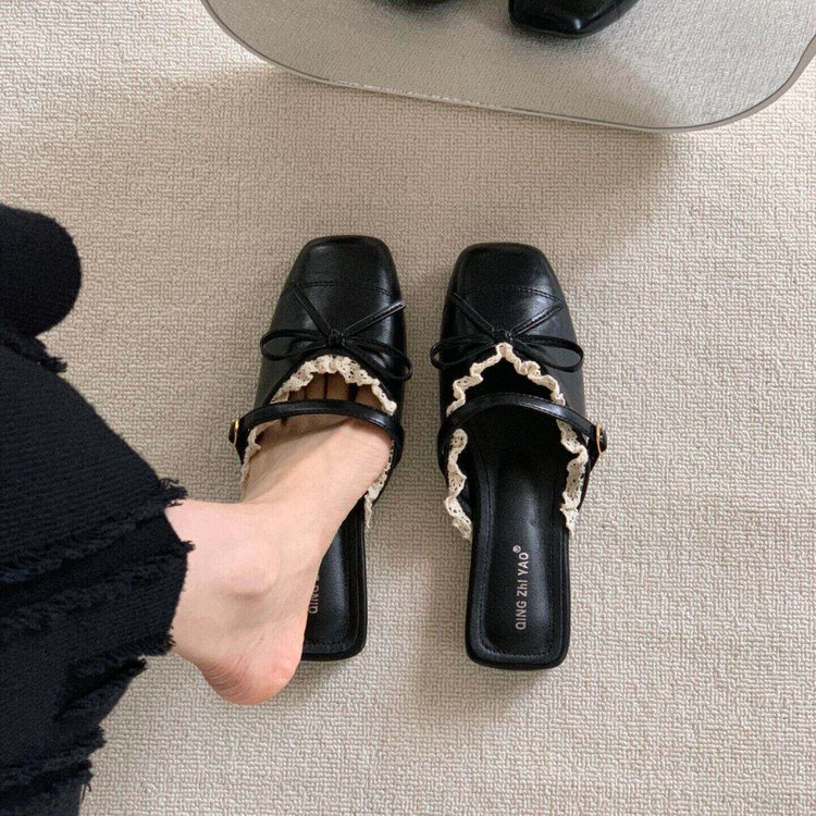 Vintage French Square Toe Block Heel Low-cut Slides, 2026 New Summer Heightening Soft Sole One-strap Slippers For Dresses
