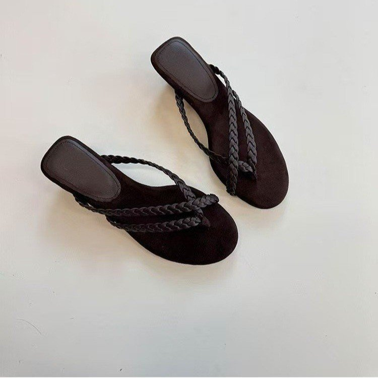 French Resort Style Woven One-strap Slide Sandals, 2026 Summer Flat Toe Clip Flip Flops, Vintage Womens Flip Flops