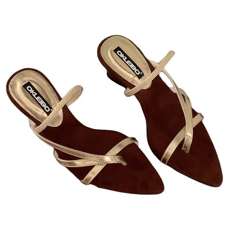 French Resort Roman Style Two-way Wear Sandals, Pointed Toe Golden Thin Strap Wedge Heel Womens Outdoor Summer Slides