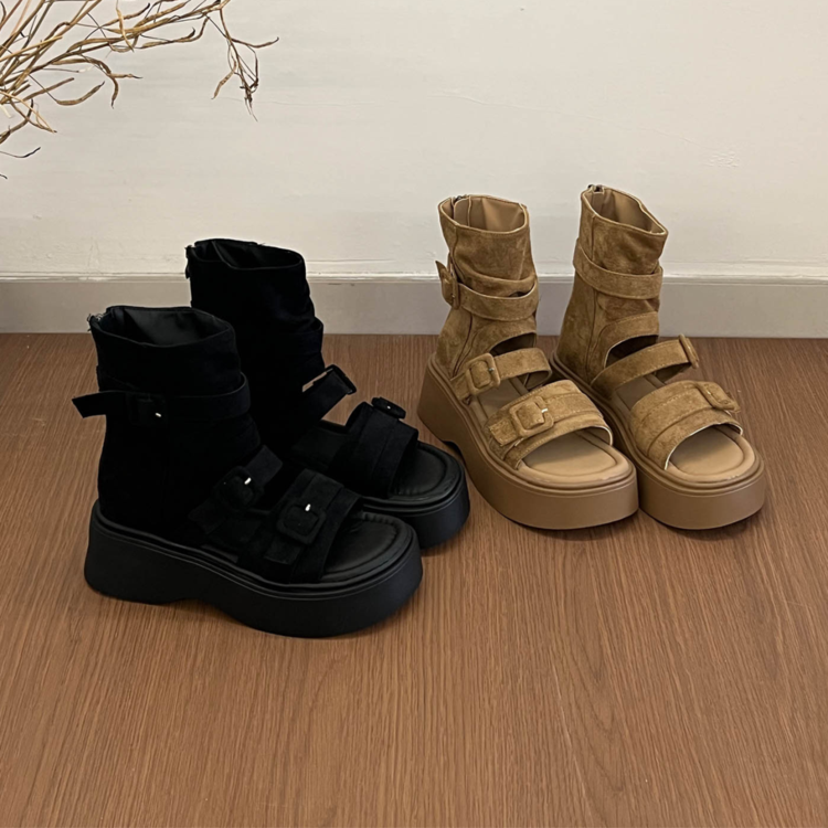 Retro Thick Soled Roman Cool Boots For Womens New Fashion Set, Toe High Top Sandals, Height Boosting Zipper Short Boots