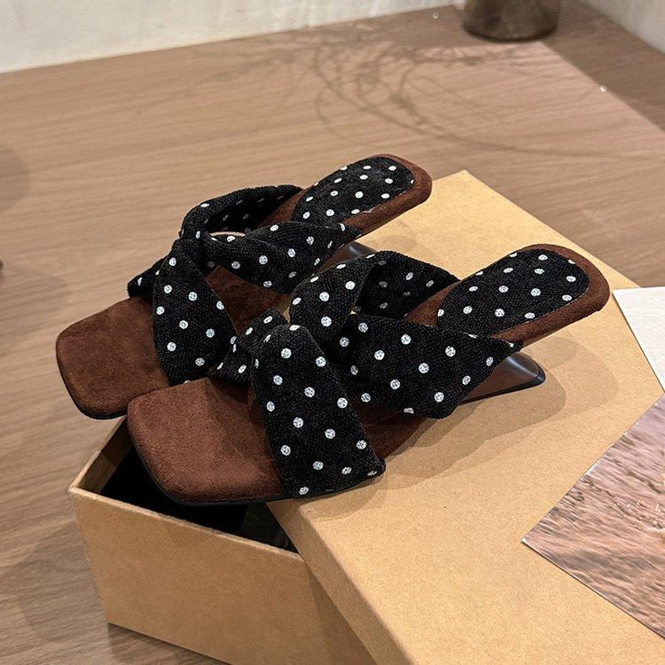 Womens Polka Dot Cross Strap Wedge Sandals, Square Toe Slip-On Mules