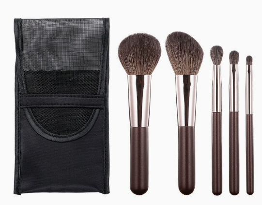 Portable makeup brush set-wool model-mesh brush bag-aluminum tube + wooden handle-5-piece set-1 set - Option1