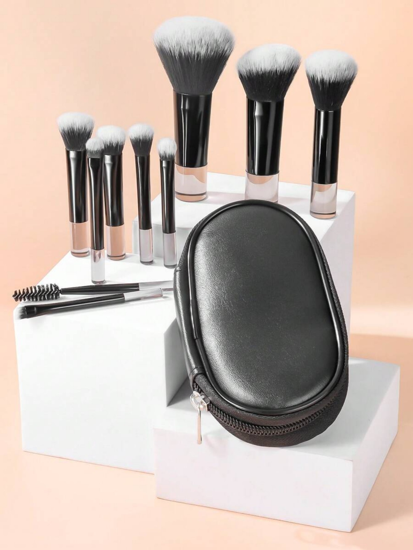 Short handle makeup brush set-with storage bag-black-fiber hair + plastic handle-10 pieces set-1 set - Option1