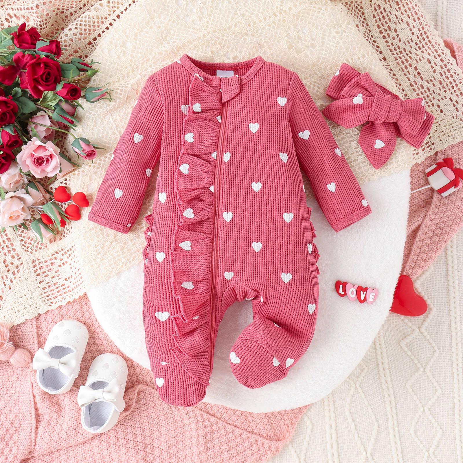 Heart-print Footed Zip-up Onesie Headband Set